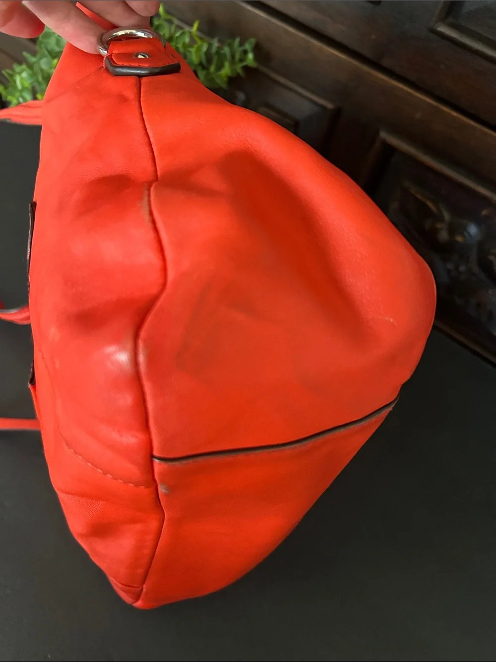 Coach Orange-Red Leather Shoulder Tote with Front Zip Pocket